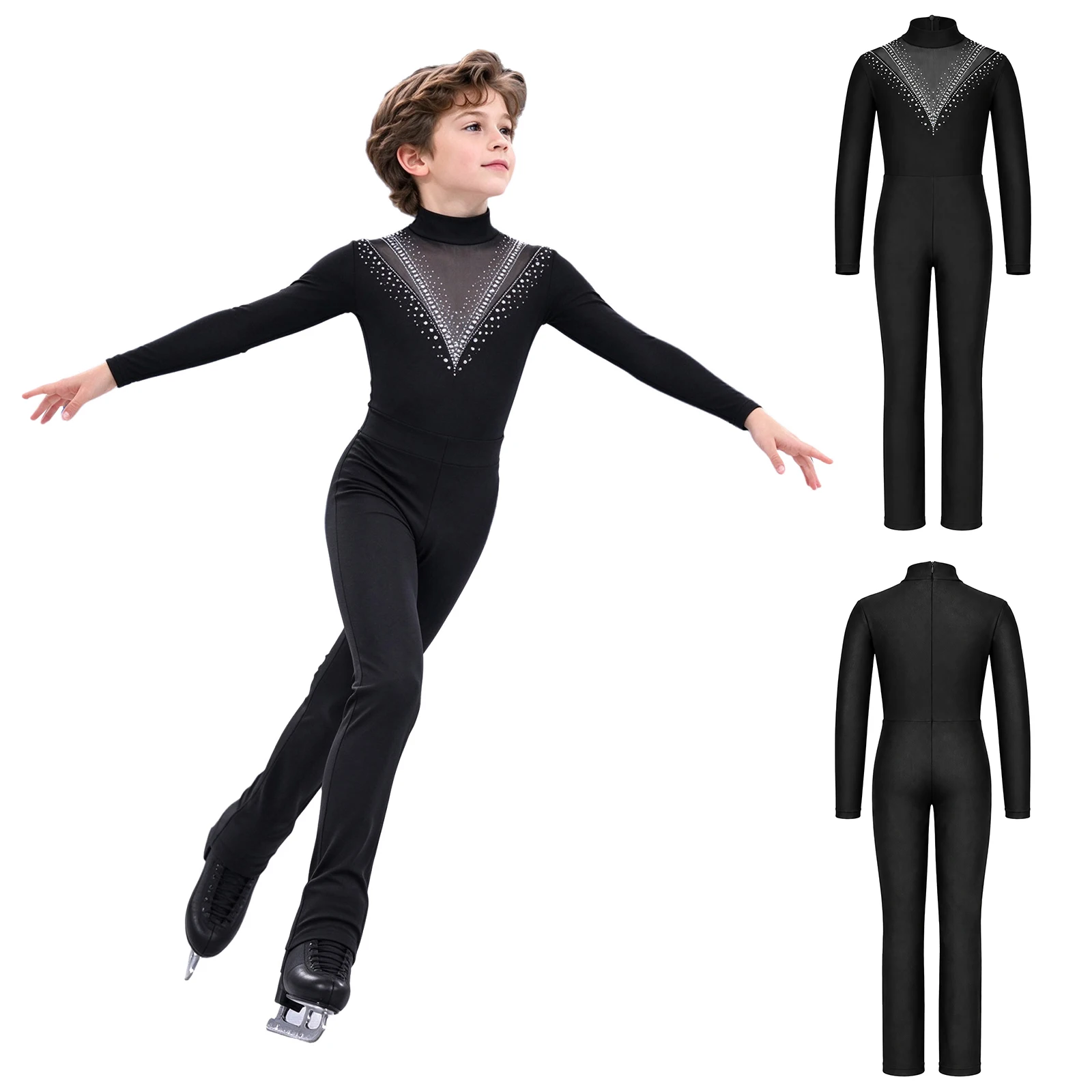 Kids Girls Shiny Rhinestones Gymnastic Leotard Long Sleeves Stirrup Jumpsuit Figure Skating Acrobatics Ballet Dance Unitard Wear