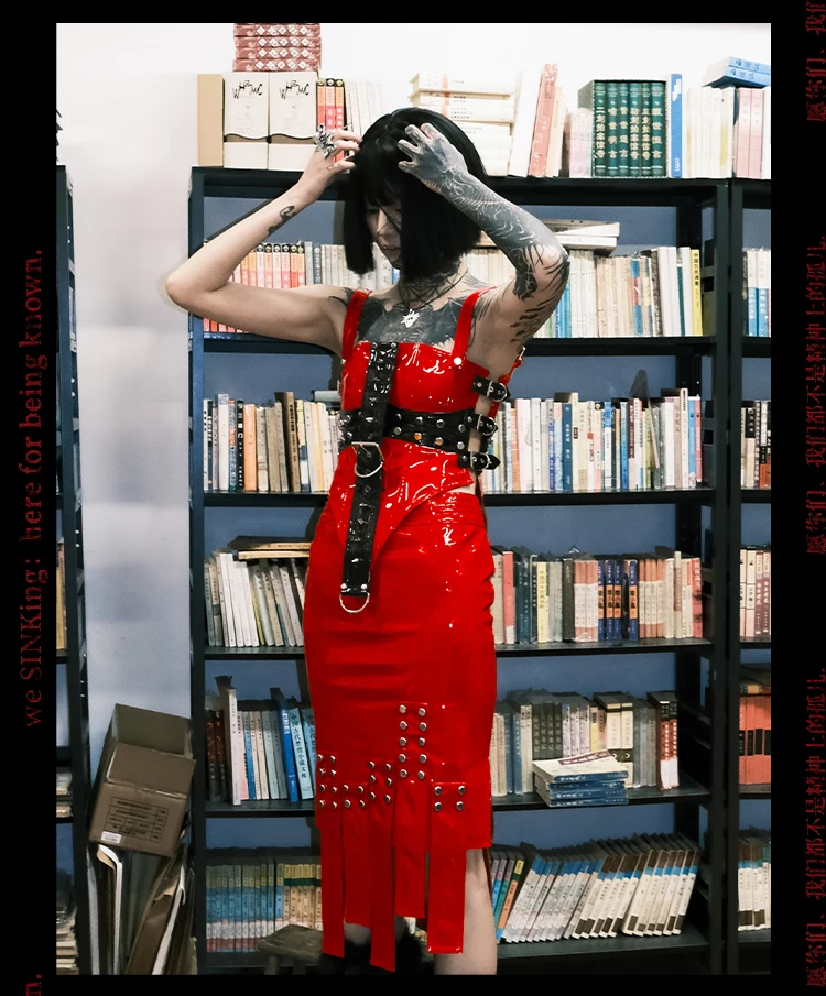 Lautaro Cool Red and Black Patchwork Patent Leather Y2K Tank Tops 2000s Women Luxury Designer Gothic Woman Clothing Streetwear