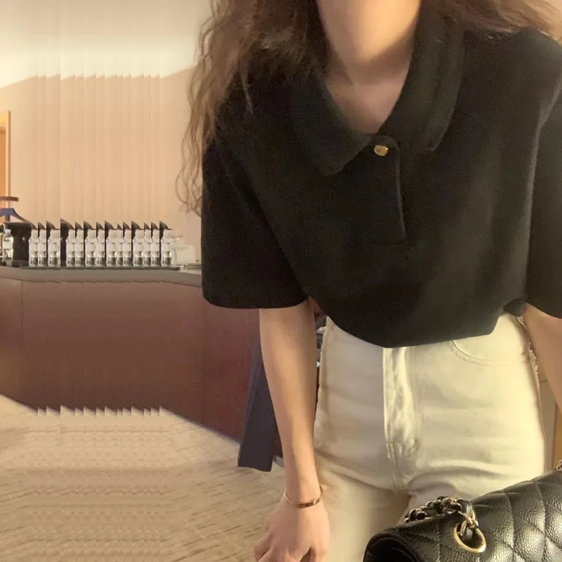

American Style Retro Black Neck Short Sleeve Women's Summer New Design Base Shirt Inner Wear Top Loose Fit Commute Style