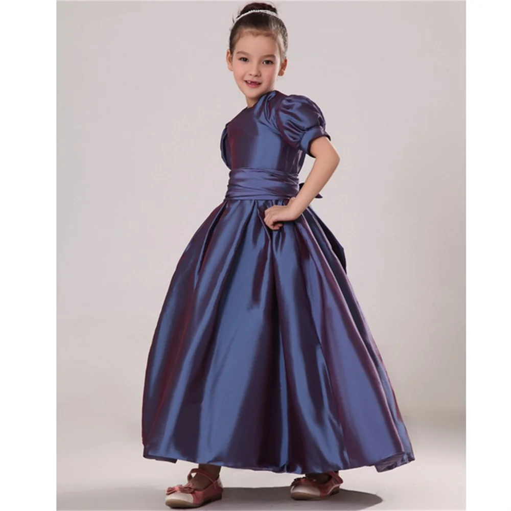 First Communion Dresses Noble Satin Half-sleeved Decal Bow Princess Flower Girl Dress Wedding Party Ball Dream Kids Gift