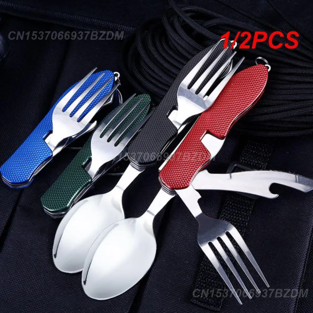 1/2PCS 4-in-1 Multitool Camping Utensils Portable Stainless Steel Foldable Spoon Fork Knife Bottle Opener Combo Set Backpacking