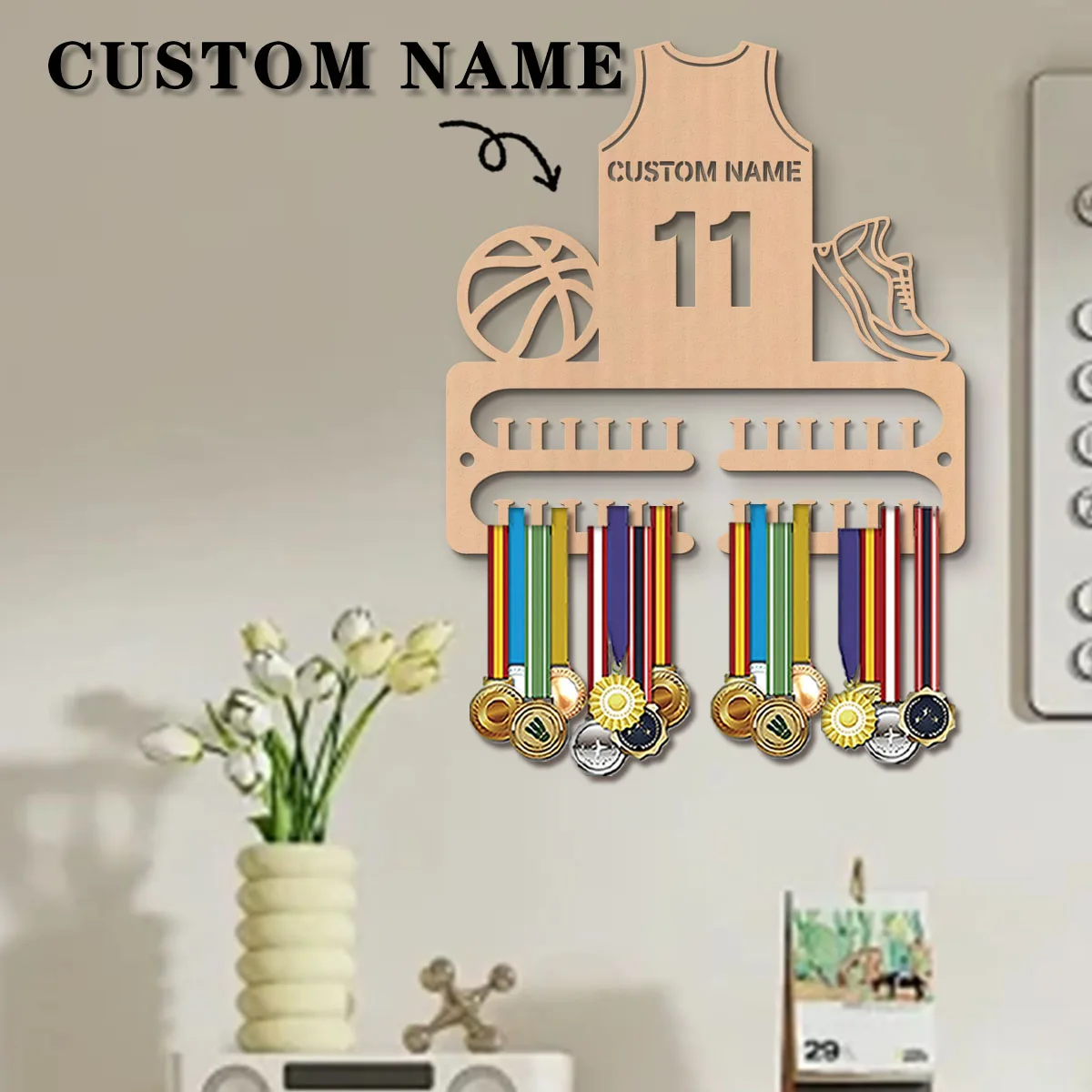 Colgador de Medallas de Baloncesto de Madera Personalizado, Exhibidor de Medallas para Atletas, Regalo Ideal para Familiares y Amigos