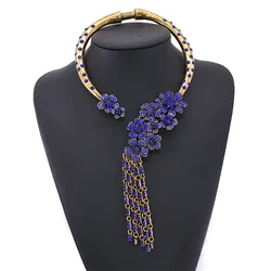 Blue Black Crystal Rhinestone Tassel Pendants Necklaces Women Indian Ethnic Statement Open Large Collar Choker Necklace Jewelry