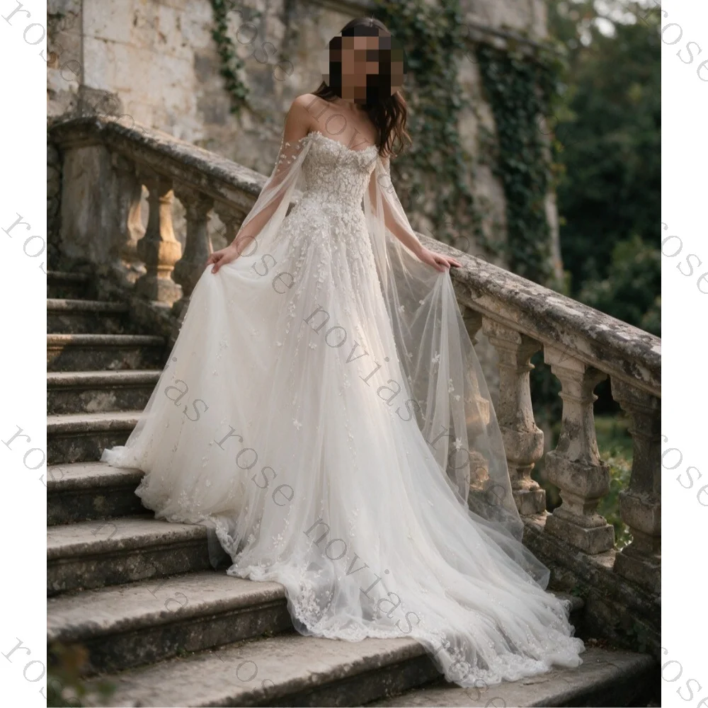 Customized Romantic Dreamy Elegant A Line Wedding Dress 2026 Strapless Sweetheart Cathedral Train Beaded Floral Cape Bridal Gown