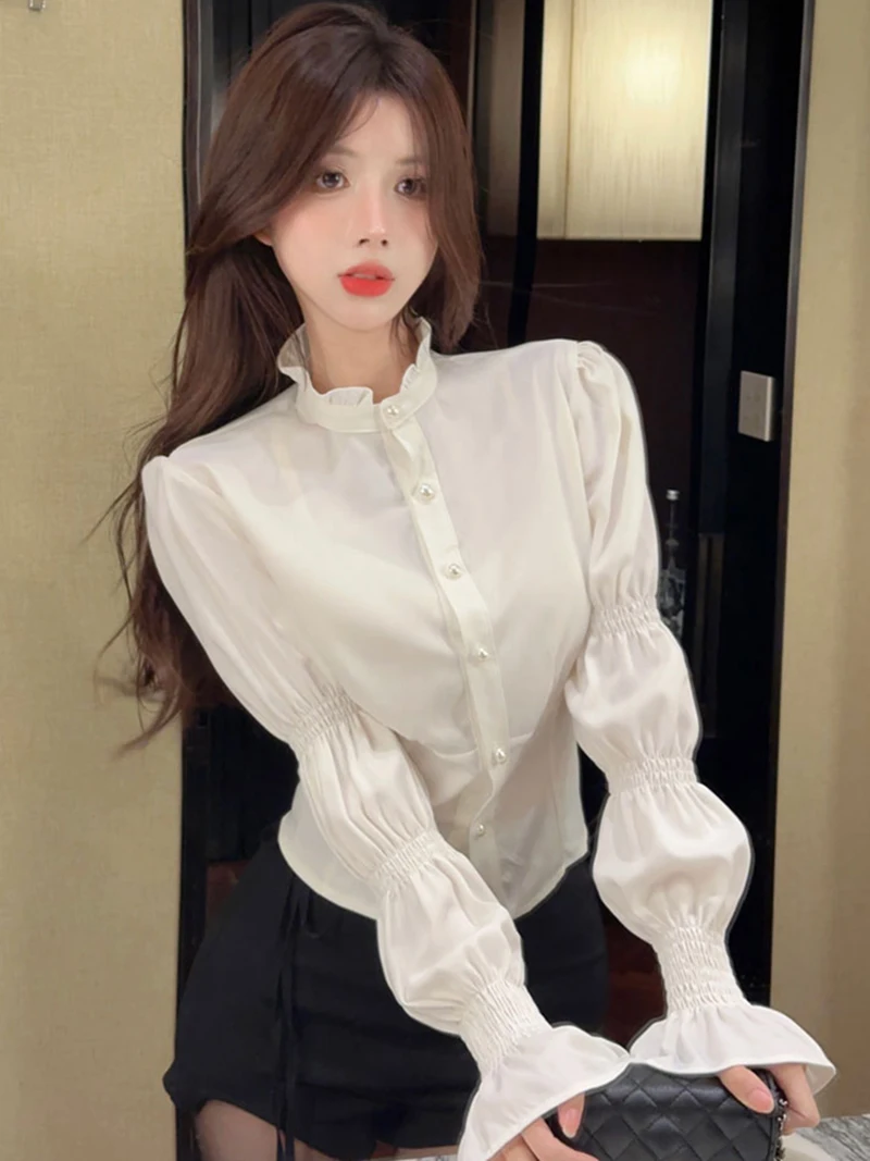 French Chic Princess Bubble Sleeves Basic Style White Long Sleeve Blouse Shirt For Girls Women Jk Uniform Top White Undershirt