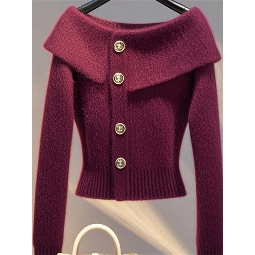 Autumn Winter Versatile Fashion Wine Red  Long-sleeved Sweater Women High-end Temperament Slimming Knitted Cardigan Tops Jacket