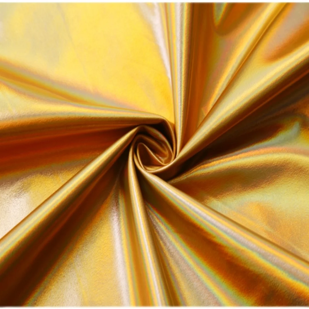 طول 0.5 متر عرض 145 قماش ميراج PU ، نسيج إبداعي مقاوم للماء بالليزر الذهبي ، قماش عصري لصنع العبوة