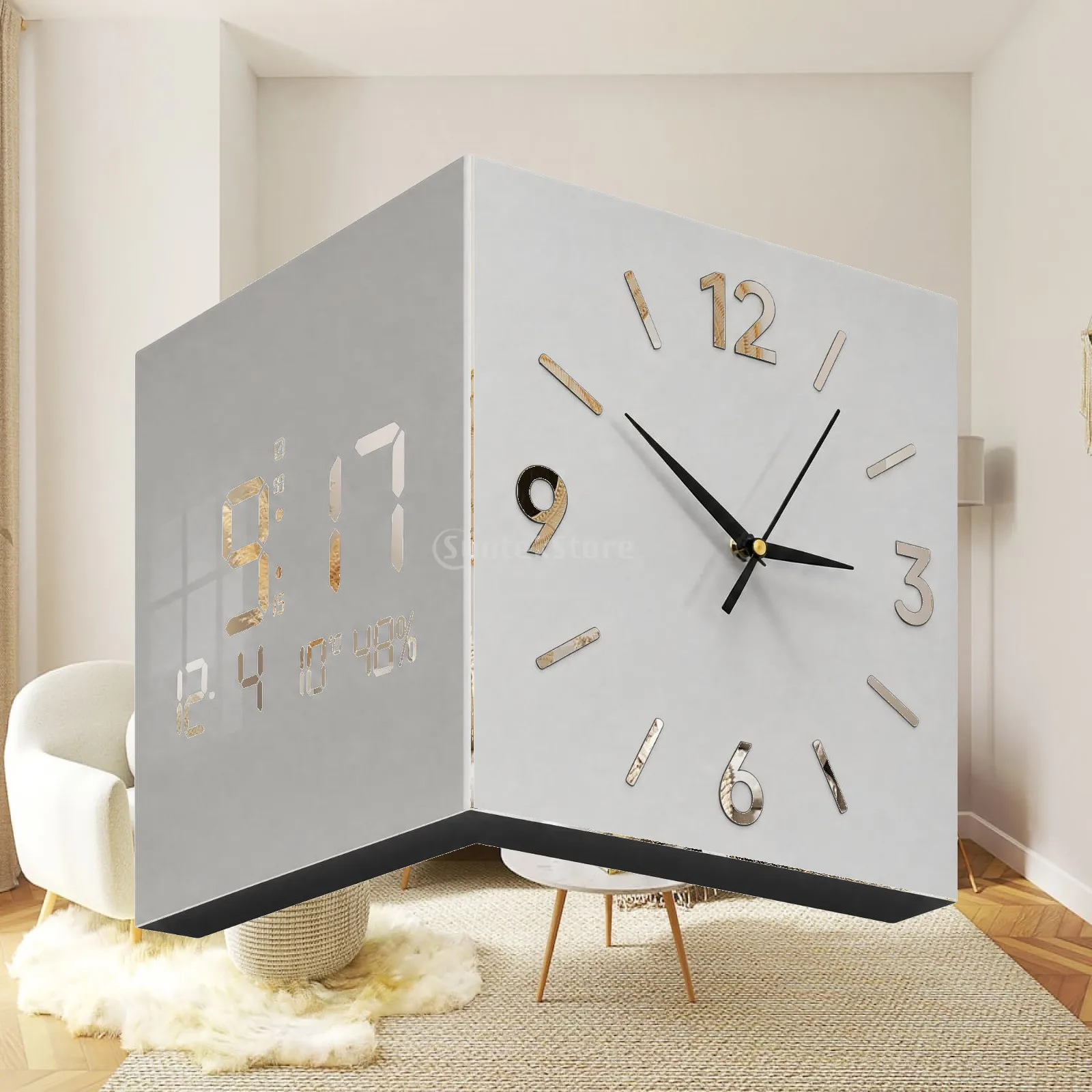 Double-Sided Corner Wall Clock Minimalist Double Sided Corner Wall Clock Slim Decorative for Living Room, Office
