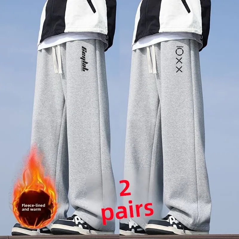 

Модные спортивные брюки с принтом, утепленные флисом, прямого кроя, мужские свободные повседневные брюки для осени и зимы