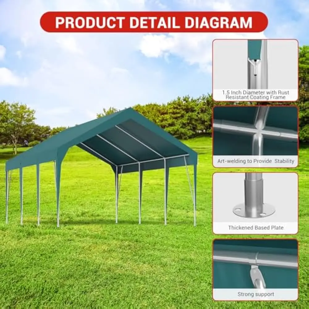 Tettuccio per carport resistente da 10 x 20 piedi con telaio robusto, riparo per garage portatile impermeabile e resistente ai raggi UV, altezza regolabile