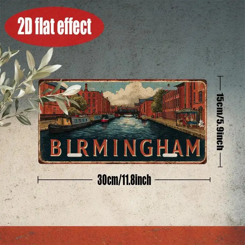 2D Flat, a Vintage Metal Tin Sign from Birmingham, England - 30.48 Cm X 15.24 Cm Vintage Industrial Cityscape Wall Decor, Dur