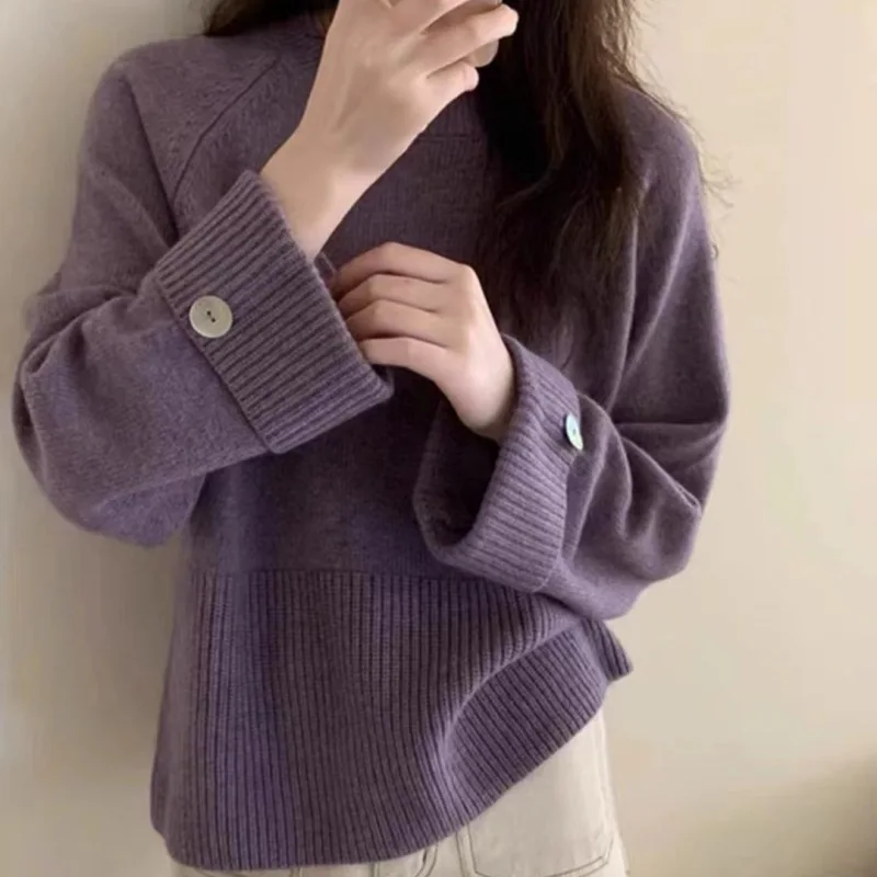 

Crewneck Knitwear Women's Cuff Button Design 2024 Autumn Winter New Korean Style Soft Waxy Elegant Versatile Sweater