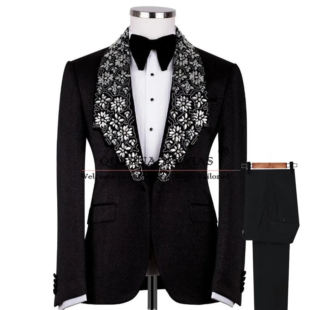 

Glitter Beaded Stones Men Suits For Wedding Italian Design Single Breated Blazer Customized 2-Piece Formal Occasion Party Dress