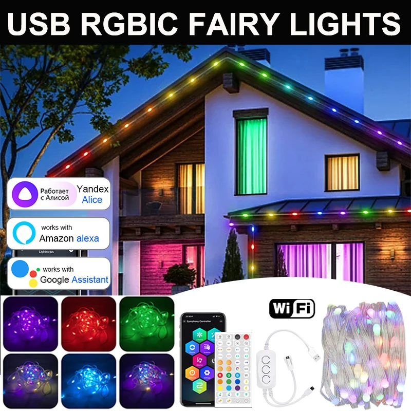 LED String Lights Outdoor Waterproof RGBIC Led String Ws2812b Festoon Garden Decoration Christmas USB 5V Smart Wifi Control