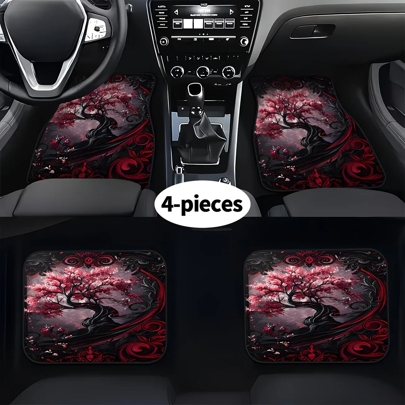 Ensemble de 4 tapis de sol de voiture haut de gamme avec imprimé cerisier, tapis avant et arrière, accessoires intérieurs de voiture, adaptés à toutes les saisons, élégants et simples, faciles à installer et à nettoyer, excellent cadeau d'accessoire automobile