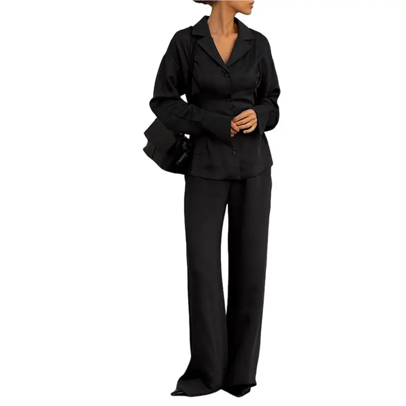 

CYL-Womens High End Black Shirt Top Long Sleeve Pants Set Waist Cinching Tie Front Two Piece Outfit