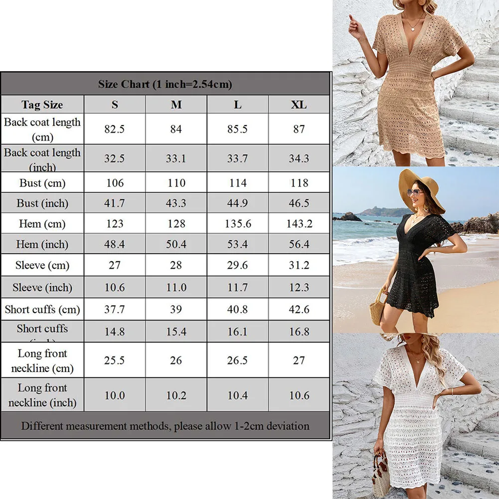 Damen-Strandrock, gewellt, hohl, elastische Taille, gestrickt, vertuscht, Kittelkleid, Damen-Boho-Sommerkleider, tiefer V-Ausschnitt, Strandmode