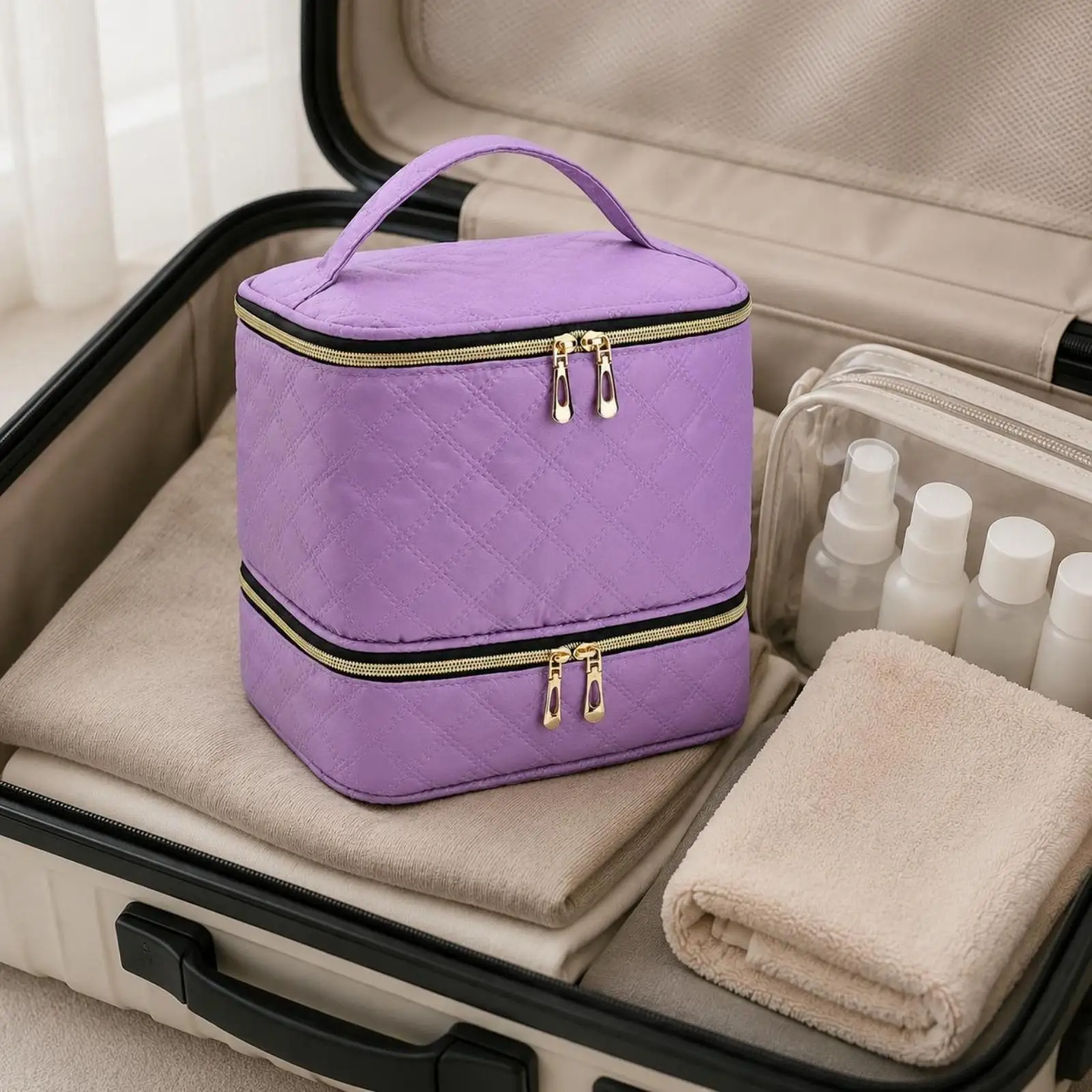 Double Layer Women Cosmetic Organizer Portable Nail Polish Storage Case Beauty Bag for Travel and Salon Use