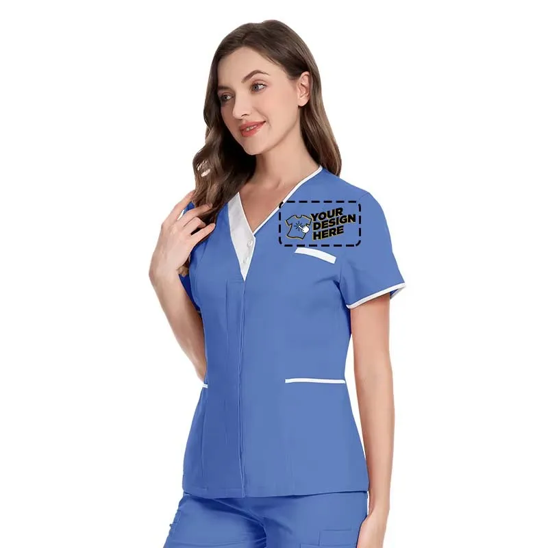 병원 수술 가운 도매 짧은 소매 의사 Nurst 가운 코튼 v 넥 기술자 작업복 클리닉 무료 Cistom 로고