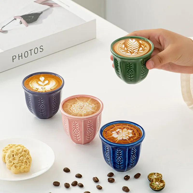 Coffee Cup Set 6 Pieces 100ml, Arabic Tulip Embossed Ceramic Mug,Middle Eastern Multicolor Relief Coffee Tea Cup for Home Office