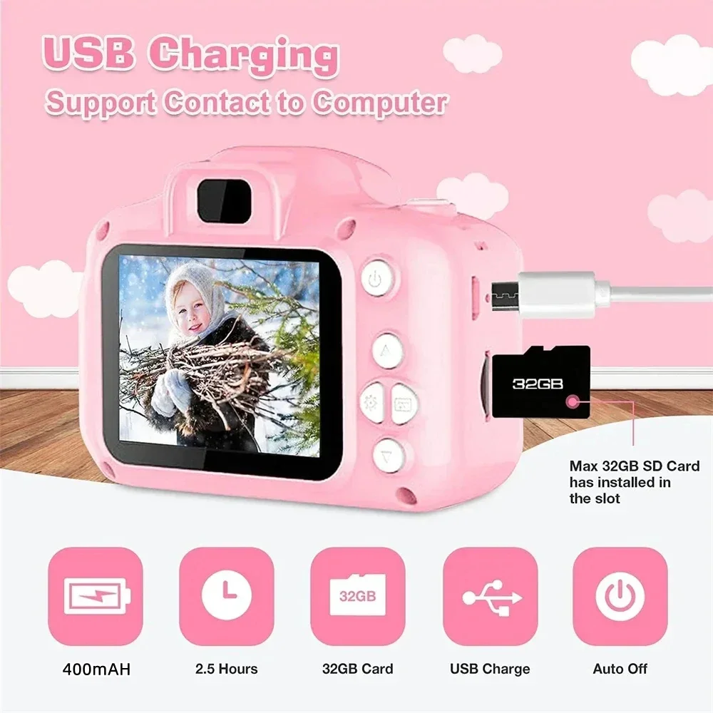 Child Mini Digital Camera Toy 1080P HD Kids Photo Video Camera 2.0 Inch Screen With Cartoon Case 32GB Kids Camera Festvial Gifts