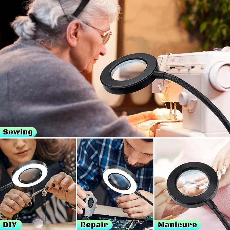 10X Magnifying Glass with 3 Color Modes LED Lighted Desk Lamp with Metal Clamp Flexible Gooseneck Magnifier for Reading Nail Art image 5