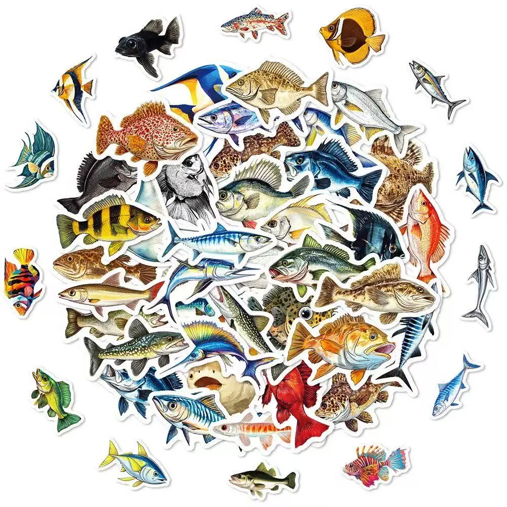 50Pcs Realistic Ocean Fish Stickers, Waterproof Vinyl Decals for Water Bottle Laptop Scrapbook, Marine Life Decorative Stickers