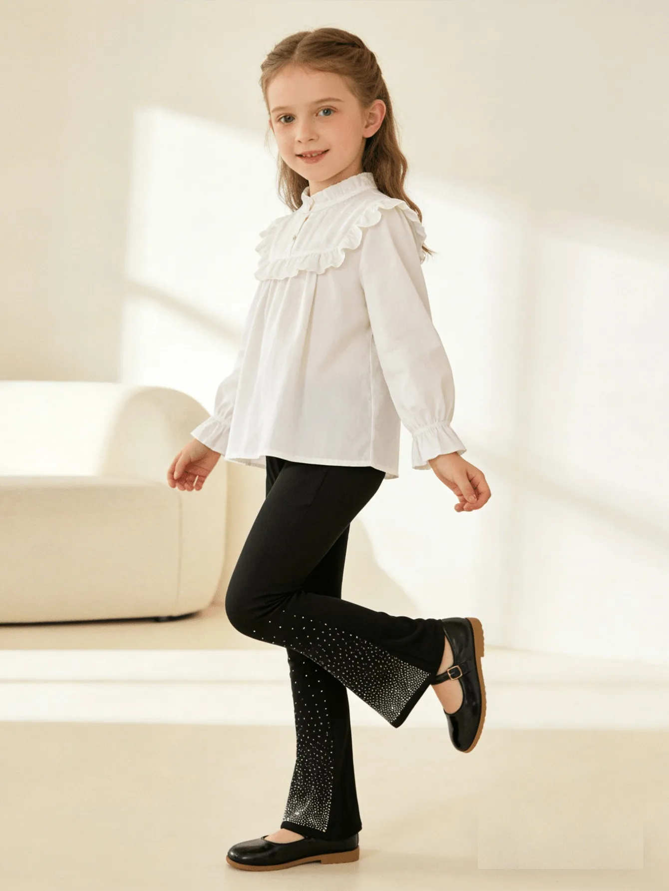1/3-teilige Mädchen-Hose mit glitzernden Strass-Details, 2–11 Jahre, elastische Taille, Schlaghose, Polyester, Spandex, lässige lange Hose – Detail 6