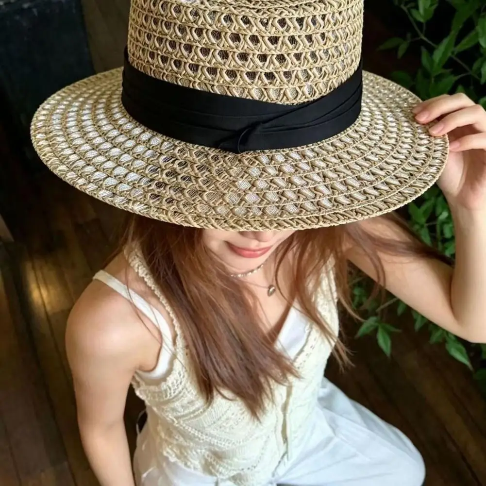 Wide Brim Straw Hat Stylish Bamboo Fiber Hat Women Straw Hat with Satin Ribbon Wide Brim Breathable Sun Summer Beach for Women