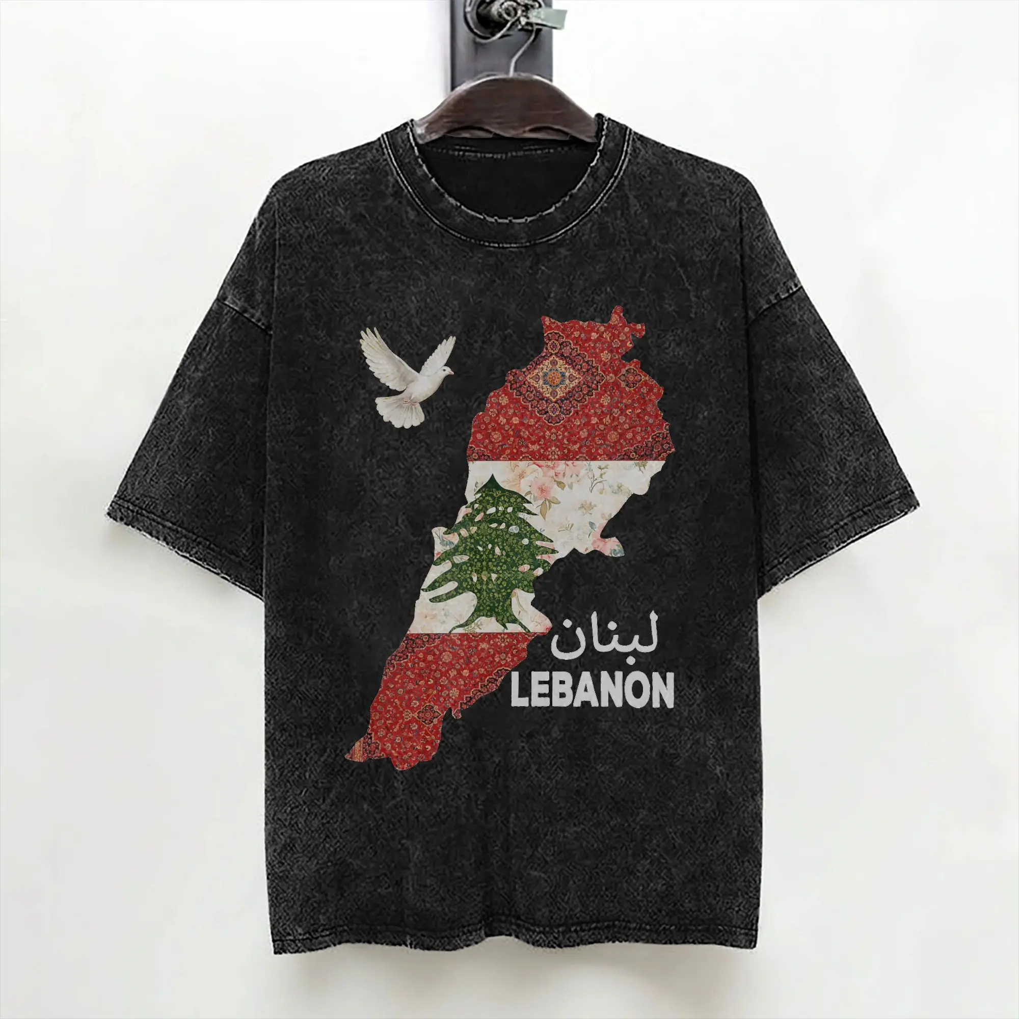 Lebanon Flag Map Beirut Cedar Tree Lebanese T Shirt Washed Short Sleeve T-Shirts for Men Women Streetwear Graphic Printed Tees