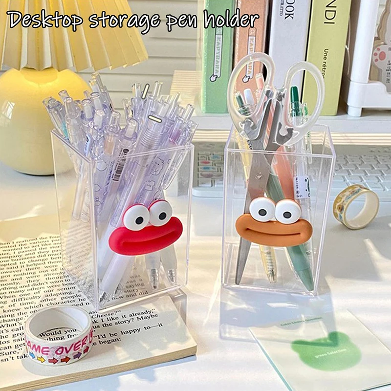 Transparent Plastic Pen Box Simple Multifunctional Desktop Organizer Cartoon Sausage Mouth Girl Heart Cute Makeup Brush Bucket