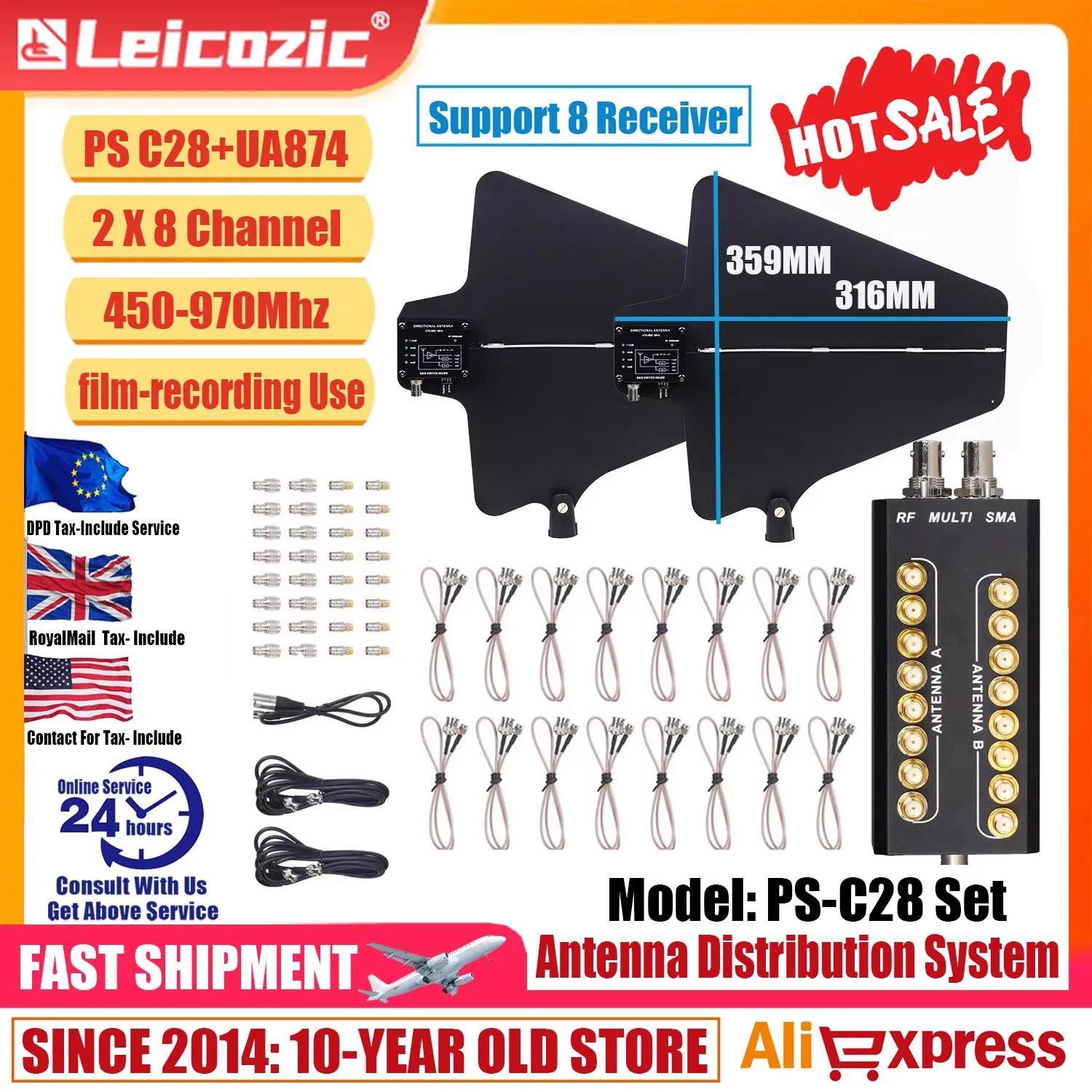 Leicozic 16Ch Professional Antenna Distributor Splitter RF Signal Amplifier RF Multi SMA BNC Interview Recording Firm Production
