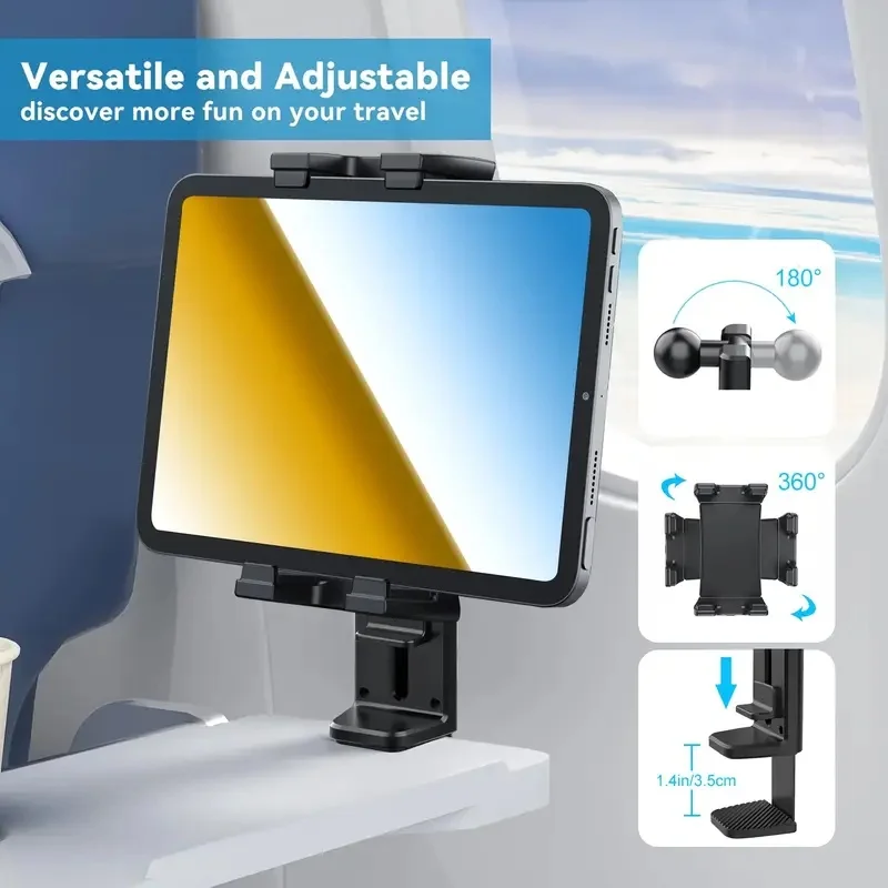 New Model Airplane Tablet Stand, Travel Train Seat Storage Cabinet Bar Counter Hands-Free Folding Phone Holder, Vertical Desktop Edge Grip, 360-Degree Rotation