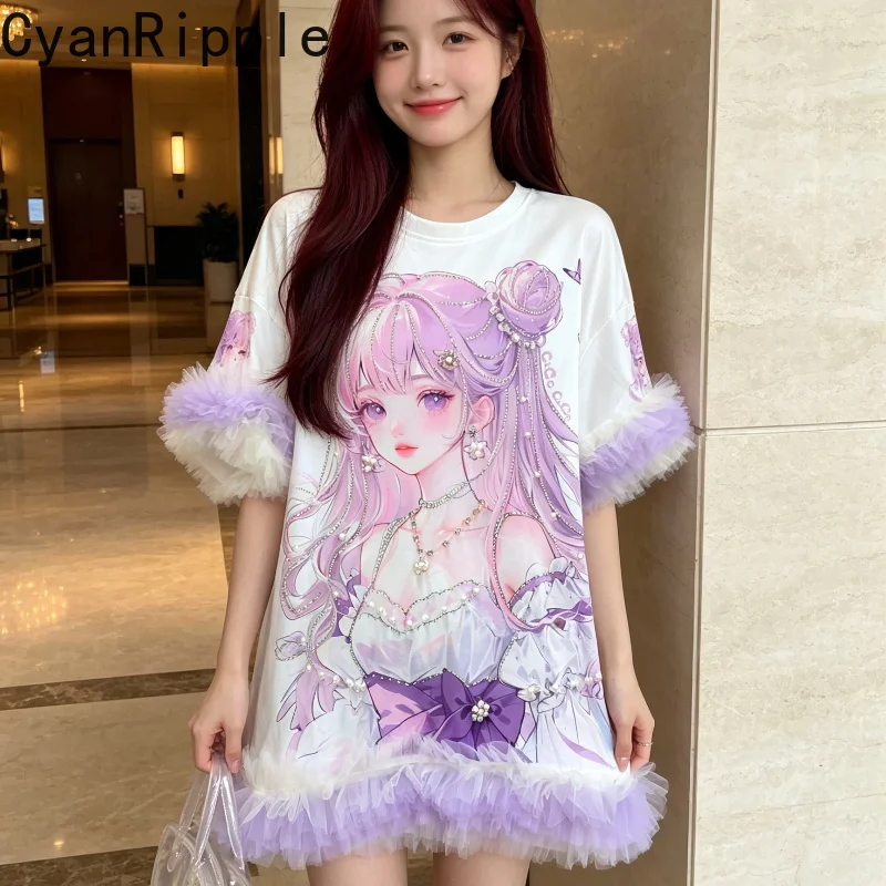 Japanese Cute Cartoon Printed Round Neck Pullover Top Elegant Lace Splicing Beads Mid-long T-shirt Sweet Princess Fairy Dress