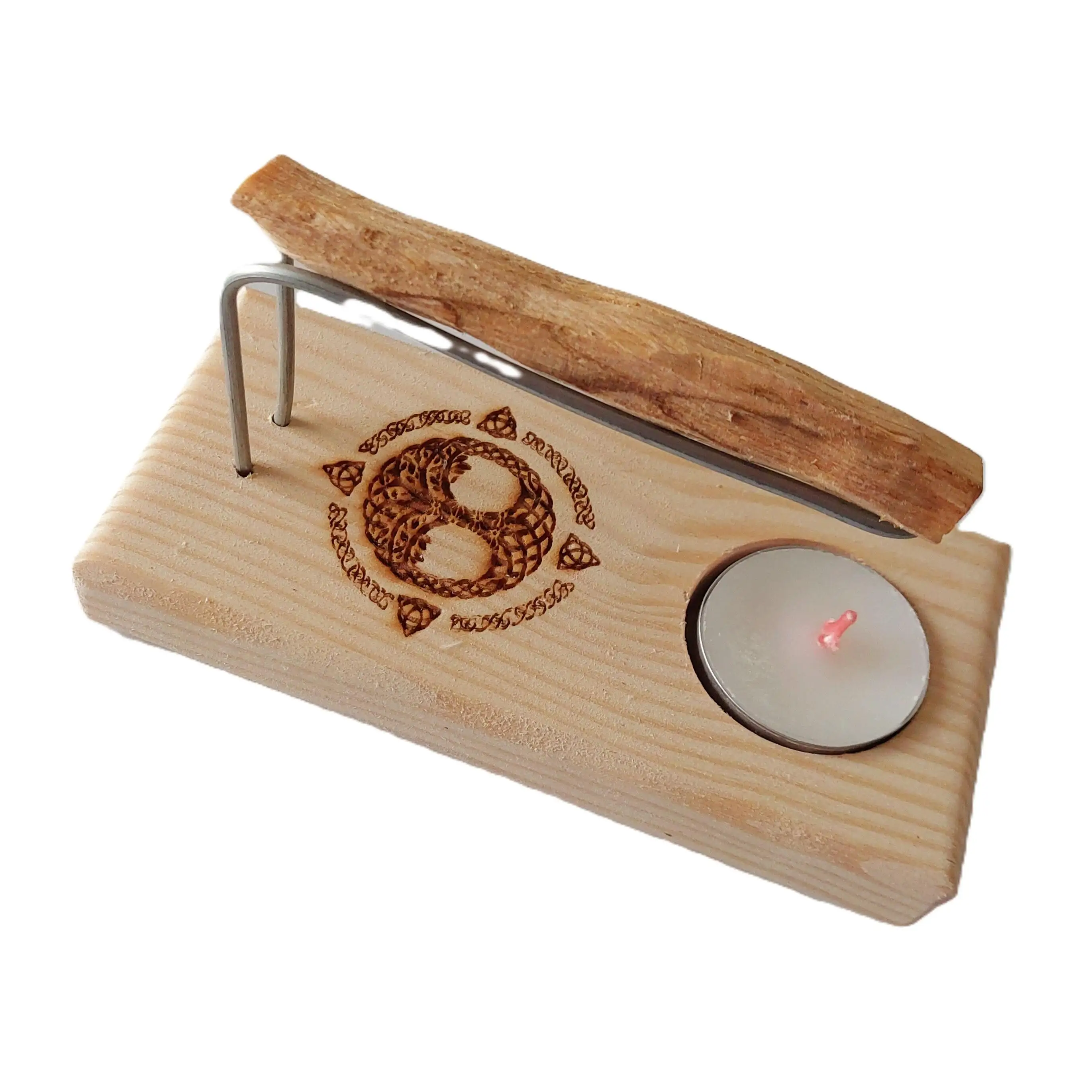 Portavelas y Portaincienso Artesanal de Madera con Diseño del Árbol de la Vida y Nudo de Bruja, Ideal para Limpieza Energética – Marca Artsoja