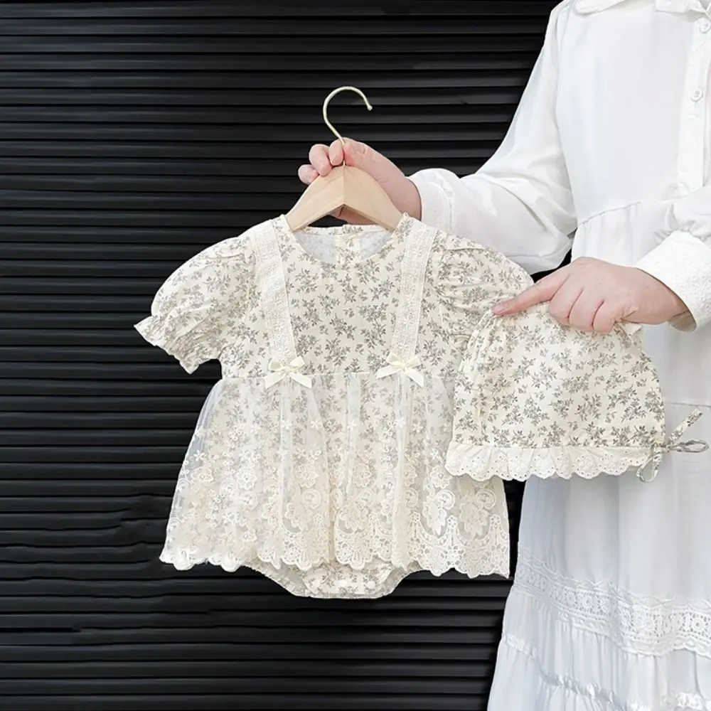 Soft Lace Mesh Baby Jumper Dress Bodysuit Bowknot Flower Baby Jumpsuit Cotton Fluffy Toddle Climb Suit Gifts