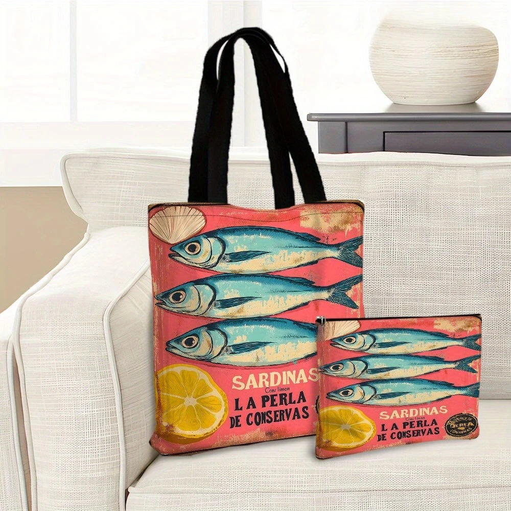 Sardine Lemon Delicacy Pearls Tote Bag Beach Bag with Makeup Bag Multipurpose Shopping Bag Shoulder Bag Travel Toiletry Bag