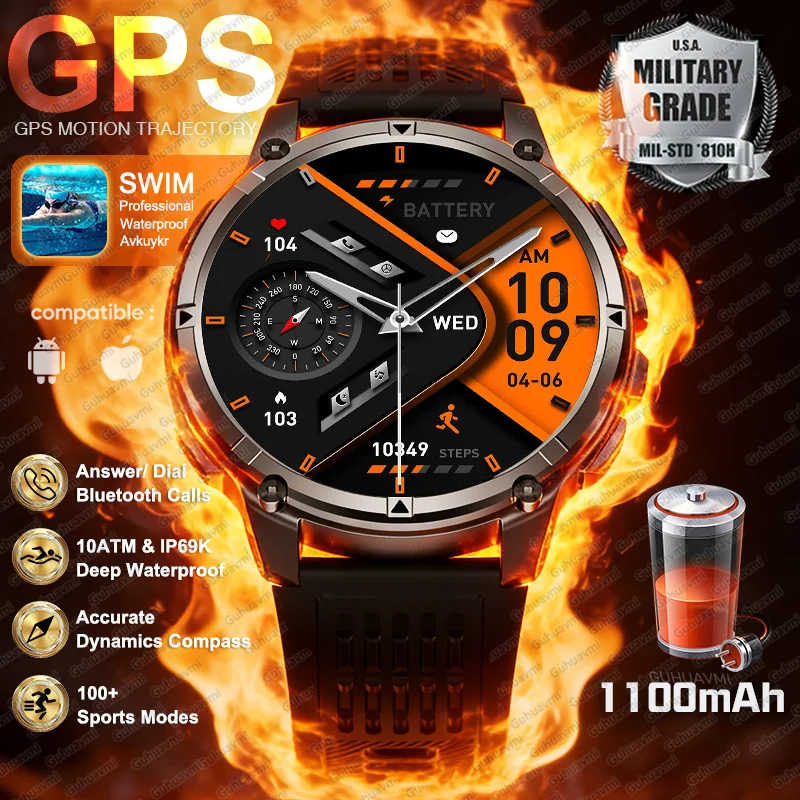 

2026New Military Sturdy Sport Smart Watch Men 10ATM Waterproof Swim Smartwatch GPS Fitness Compass 1100mAh Super Durable Watches