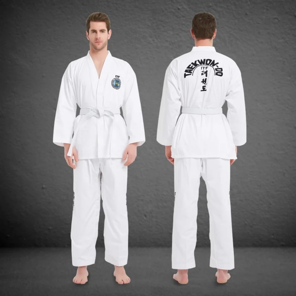 International Version of Taekwondo Uniform Itf Student Model, Made of Polyester-Cotton Material, Comfortable and Breathable, Suitable for Adults and Children, Special for Competition and Training, with Letter Embroider