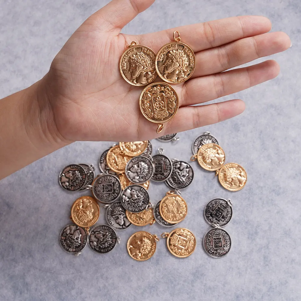 

18pcs 26mm Golden Coin Pendants Stainless Steel Flat round Portrait Charms with Connecting Hole for DIY Jewelry Making