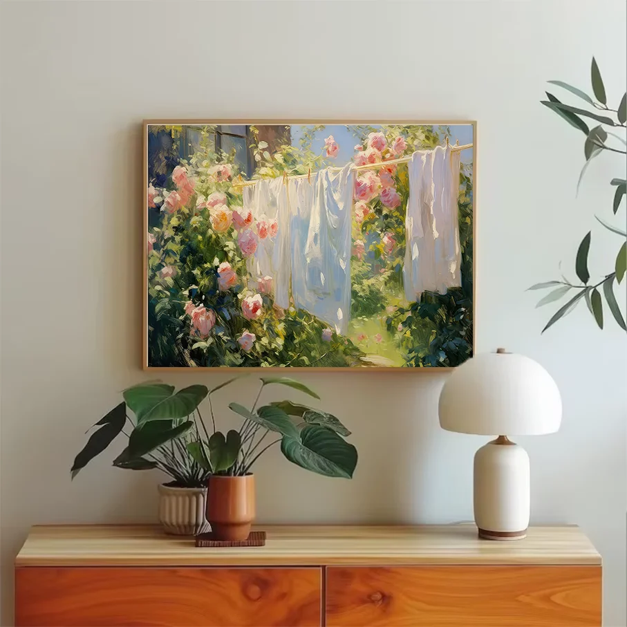 Pink Roses Garden Canvas Print Wall Art Oil Painting Hanging Laundry Sunlight Home Decor Living Room Bedroom