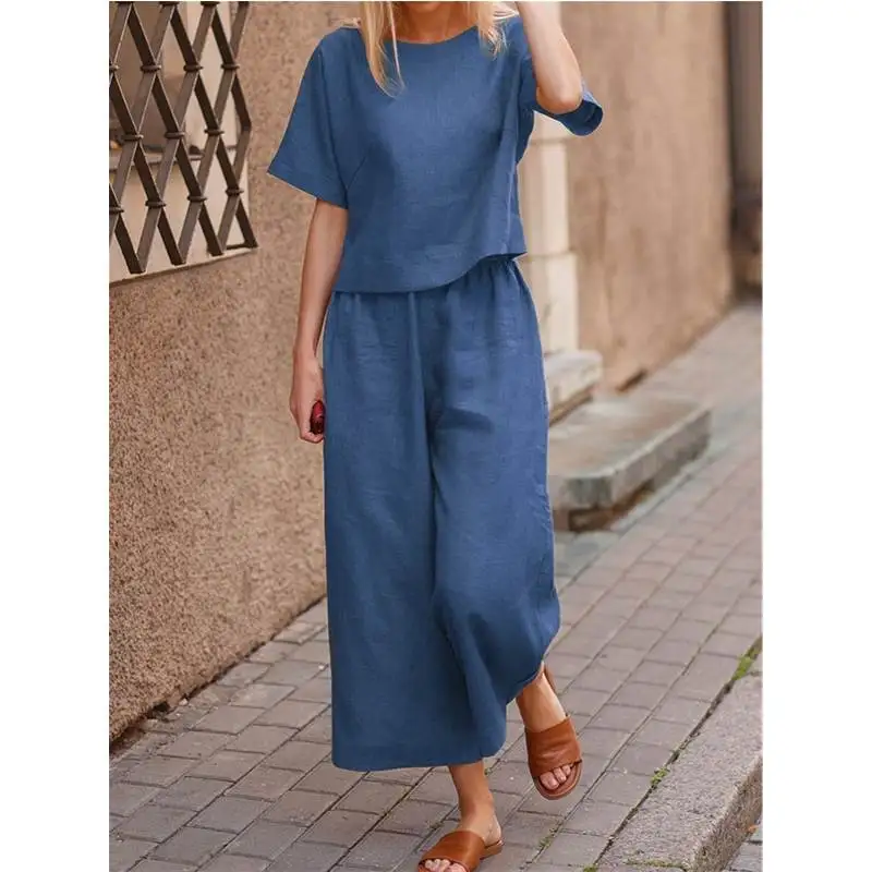 Set Celana T-irt 2 Potong Wanita Musim Gugur S5XL Pakaian Kasual Wanita Ansambel Modis Campuran Linen Nyaman Koleksi Musim Gugur 202...