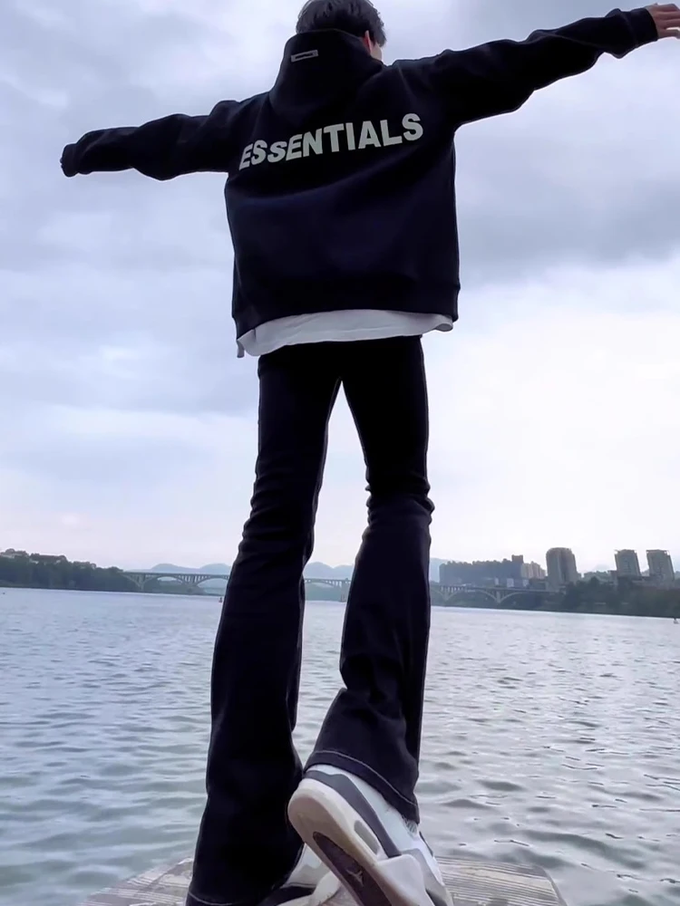 

American High Street Vibe Men's Fce Lined Bla Denim Jeans High Waist Straight Leg Micro Flared Pants Youth Faion