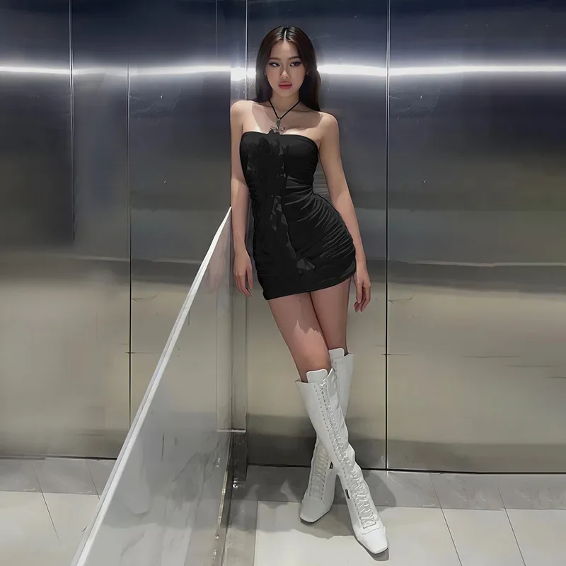 Vestido ajustado con sujetador y volantes para mujer, en 3D Falda corta con flores, elegante y Sexy, para chica picante, 2024, CSM73-4