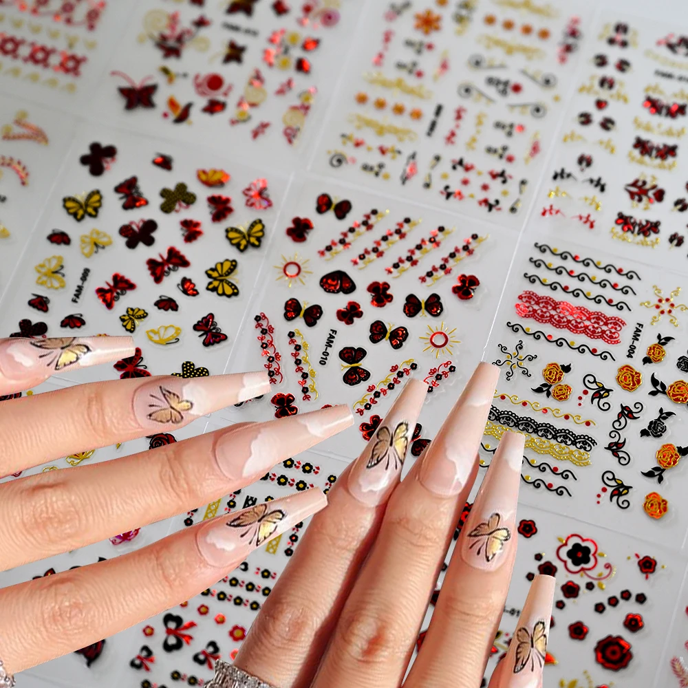 30Pcs/Set Red Golden 3D Nail Art Sticker Hot Stamping Hollow Decals Mixed Designs Adhesive Flower Nail Tips Letter Butterfly Set
