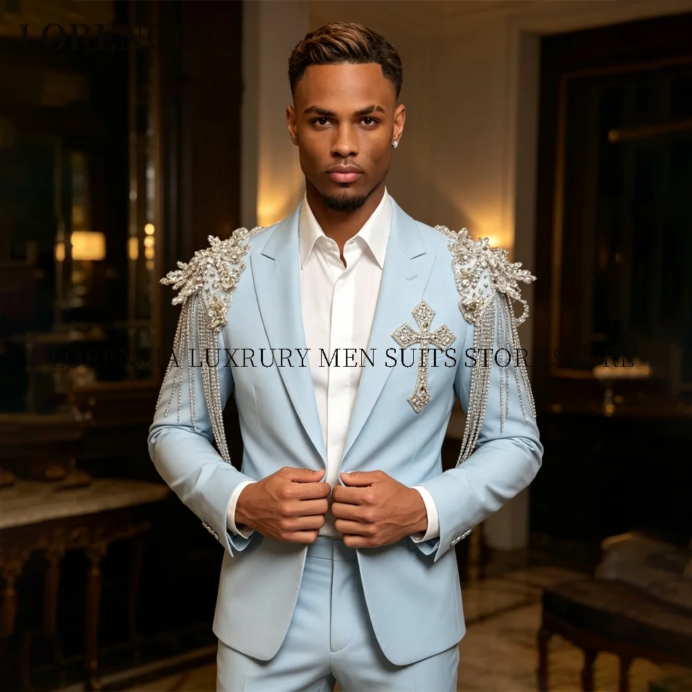 Glitter Beading Gem Tuxedo Men Suit Sequin Male Prom Blazers 2 Pieces Set Wedding Groom Crystal Diamond Customized Ropa  Hombre