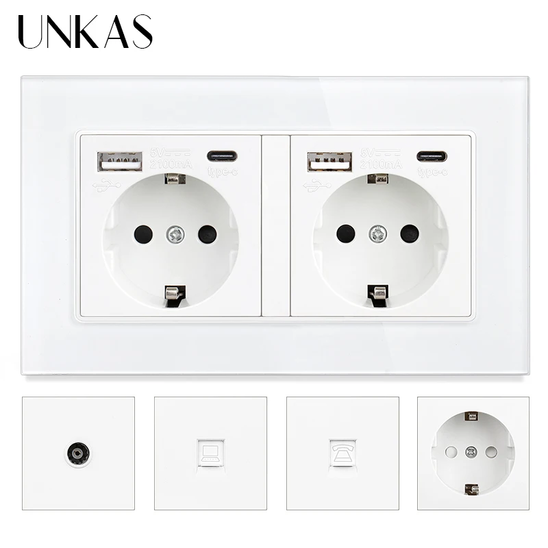 UNKAS White EU Socket Type C USB Port + TV RJ11 Telephone RJ45 Internet Computer Jack 146mm * 86mm Tempered Glass Panel Outl