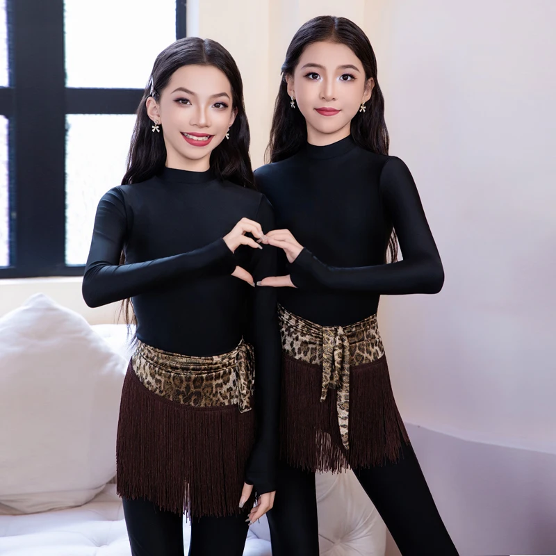 

Детский костюм для латинских танцев для девочек, тренировочная одежда для ча-ча-румбы, комплект черных штанов с леопардовым принтом, тренировочная одежда для латинских танцев 4811