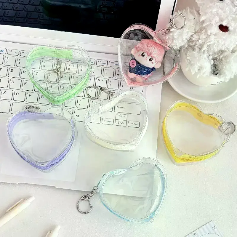 Portable Colorful Heart Transparent Zipper PVC Storage Bag Kaychain Plush Dolls Protector Case Earphone Data Wire Coin Pouch
