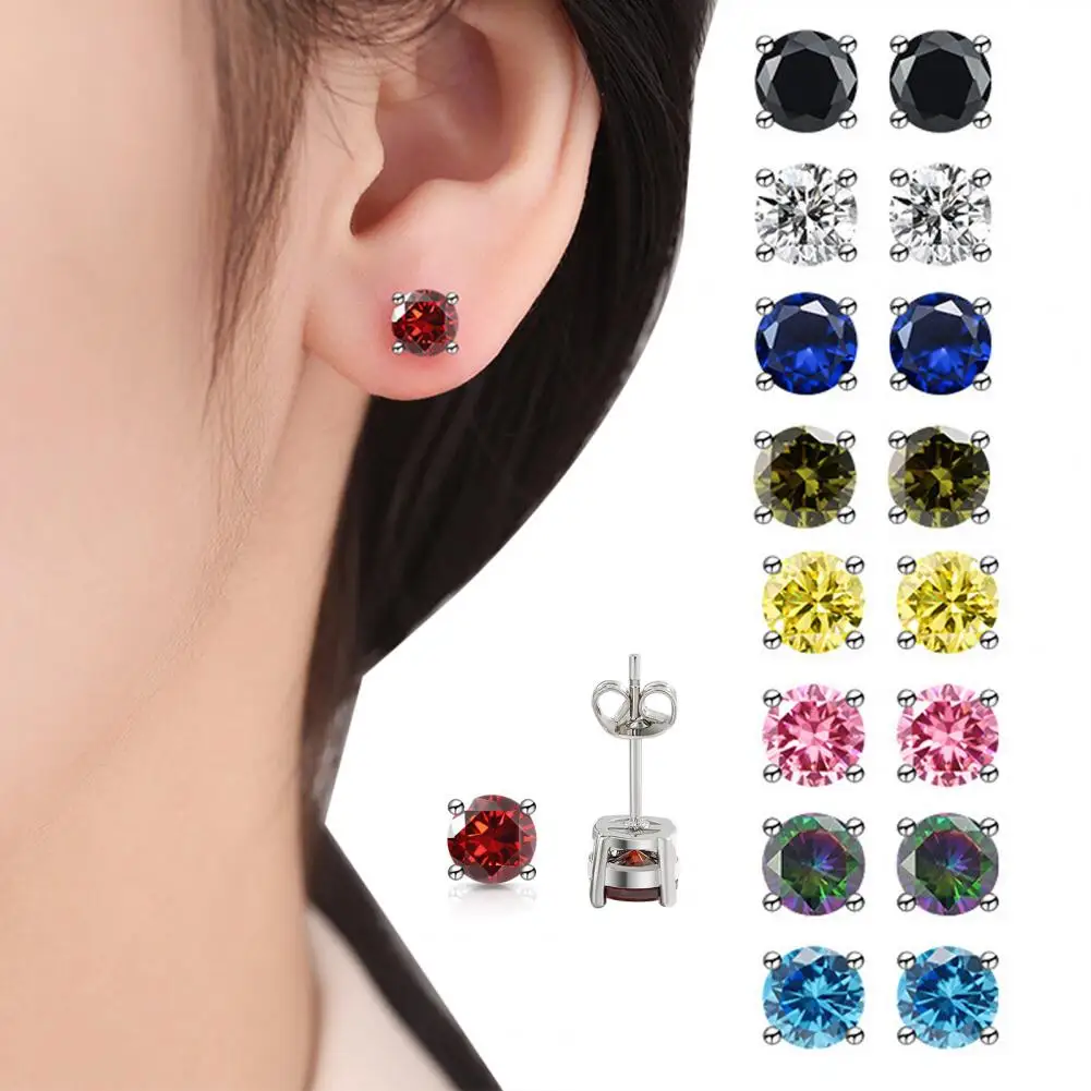 Shiny Zirconia Stud Earrings for Women Men One Carat Main Stone Earrings Hypoallergenic Flat Back Earrings Jewelry